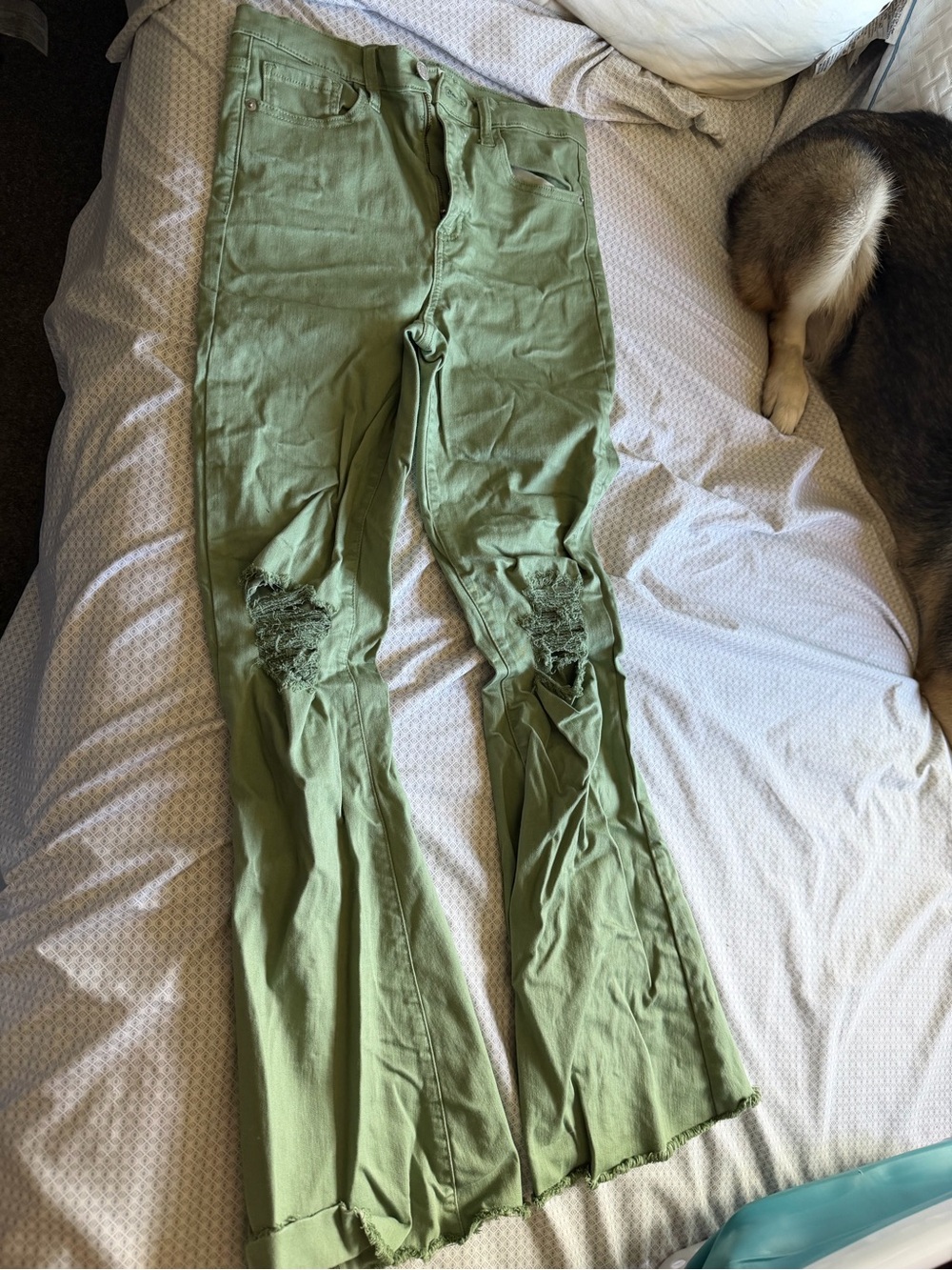 Sneak Peek Olive Green Distressed Flare Jeans
